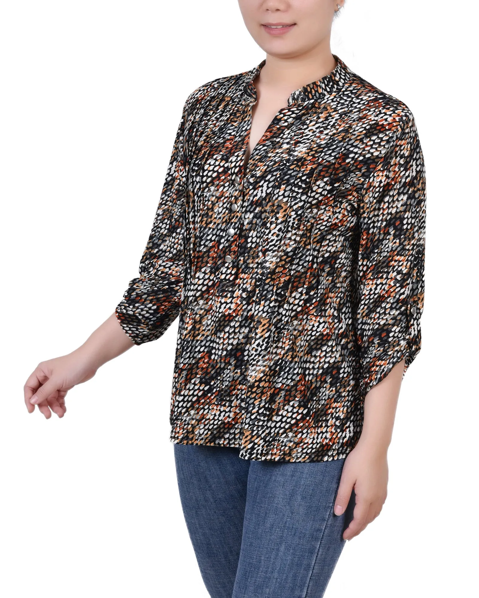 Petite 3/4 Sleeve Roll Tab Y Neck Pullover Top