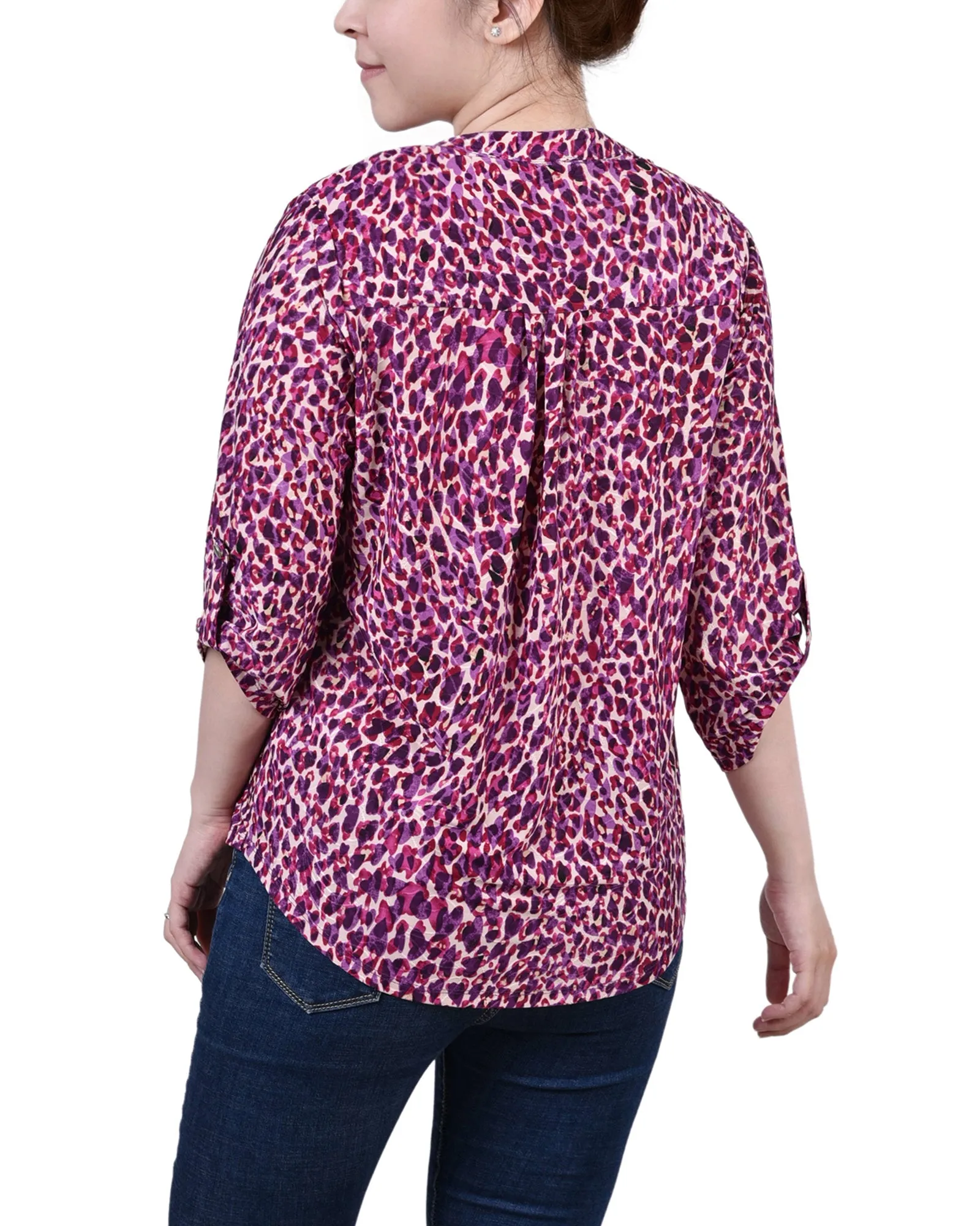 Petite 3/4 Sleeve Roll Tab Y Neck Pullover Top