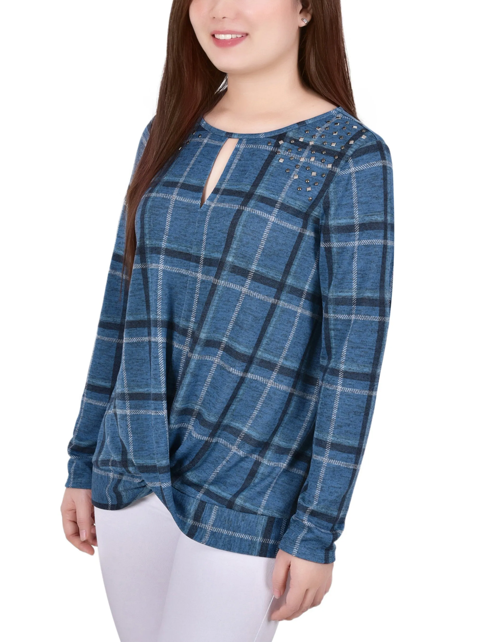 Petite Long Sleeve Knit Keyhole Top With Studs