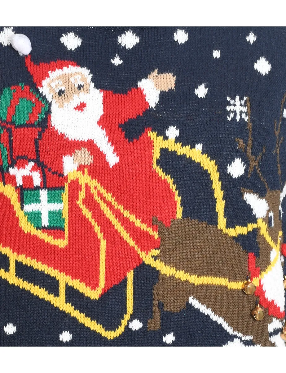 Santa Claus & Reindeer Design Navy Knit Christmas Jumper - M