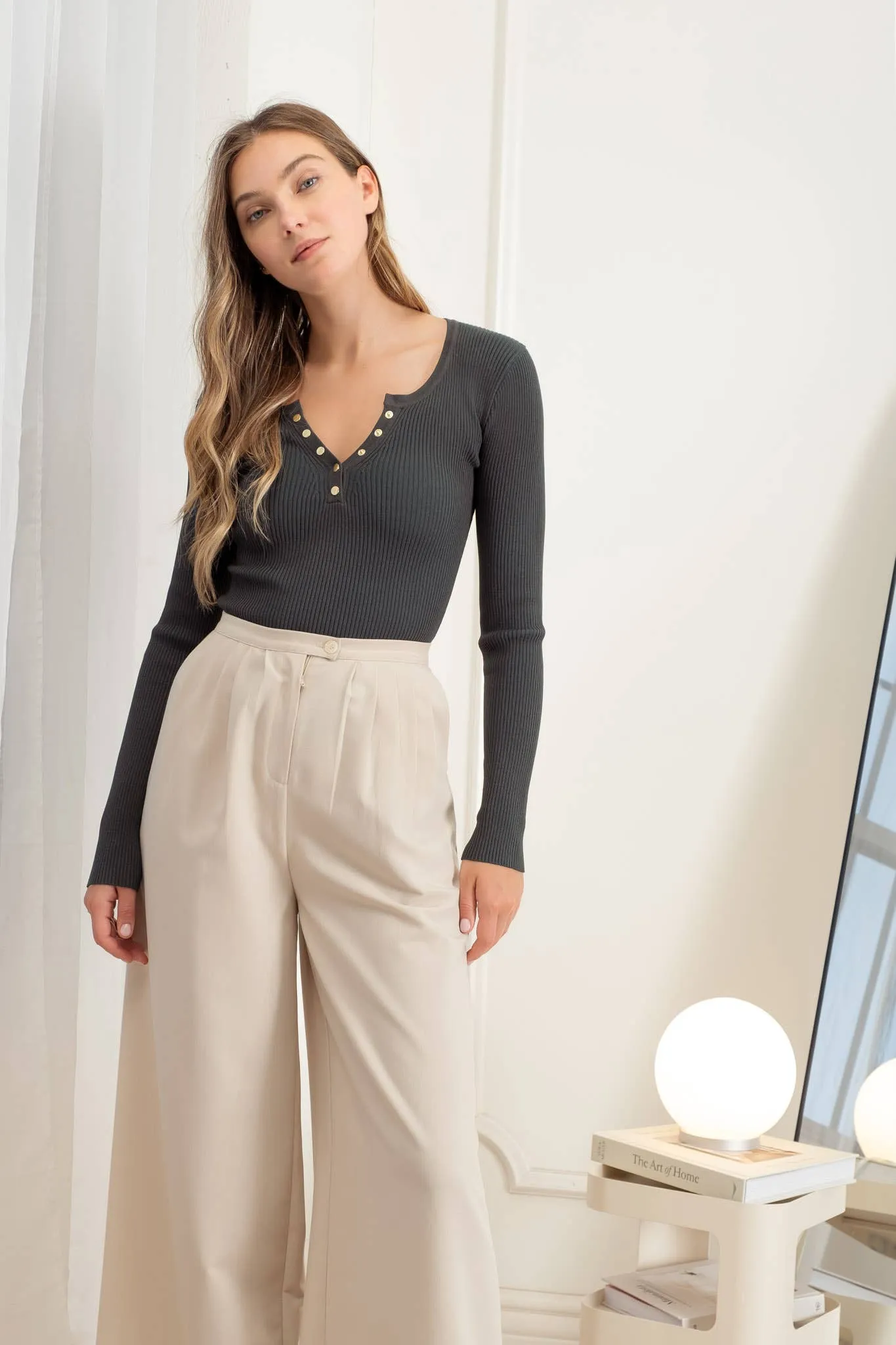 SOLID LONG SLEEVE HENLEY SWEATER KNIT TOP