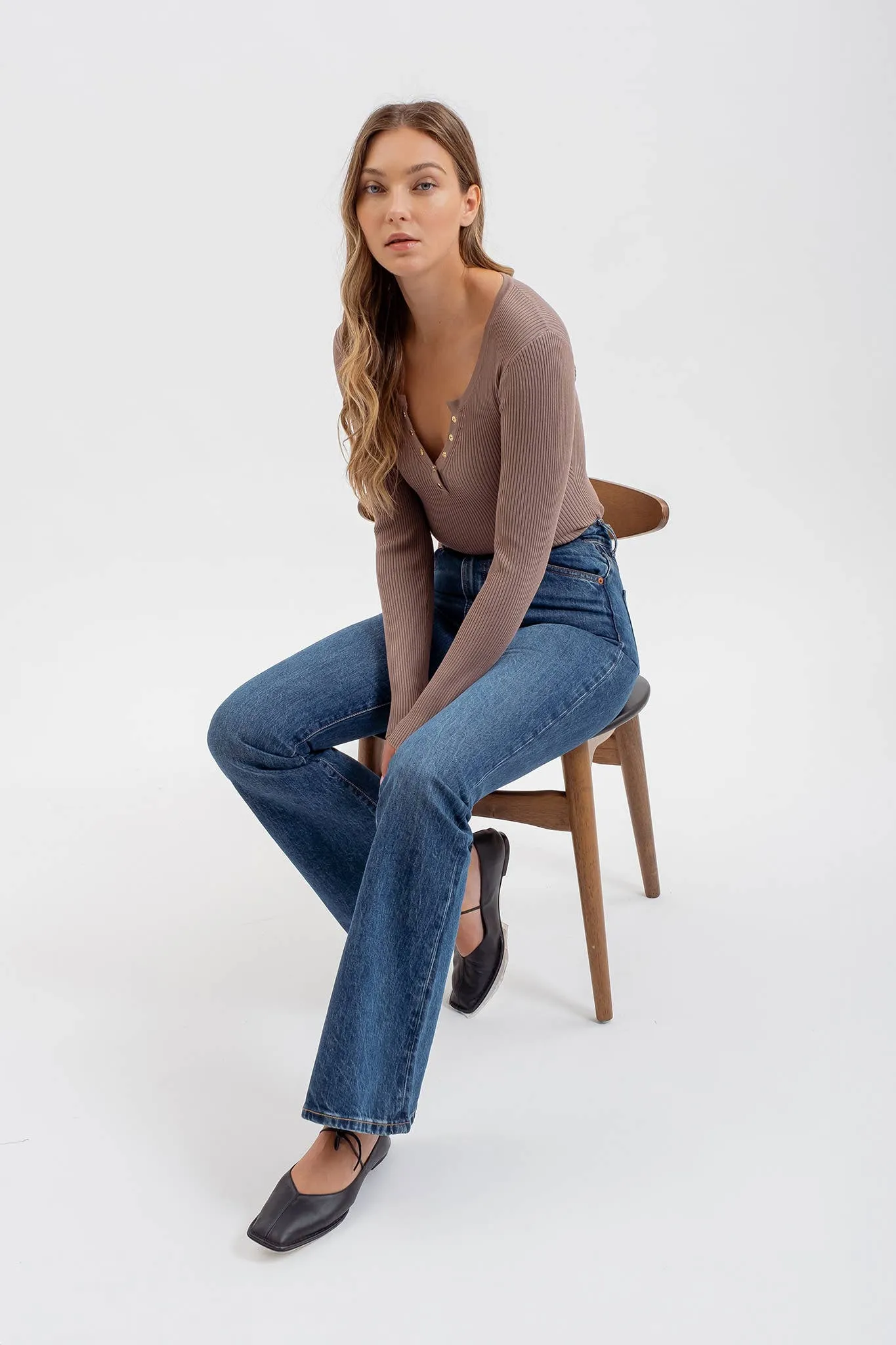SOLID LONG SLEEVE HENLEY SWEATER KNIT TOP
