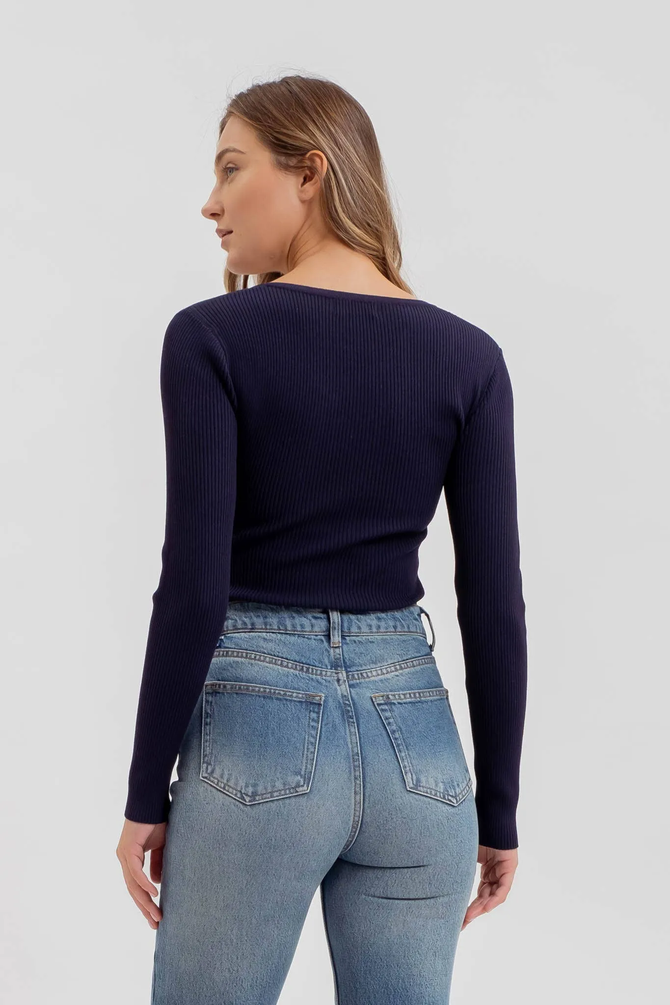 SOLID LONG SLEEVE HENLEY SWEATER KNIT TOP