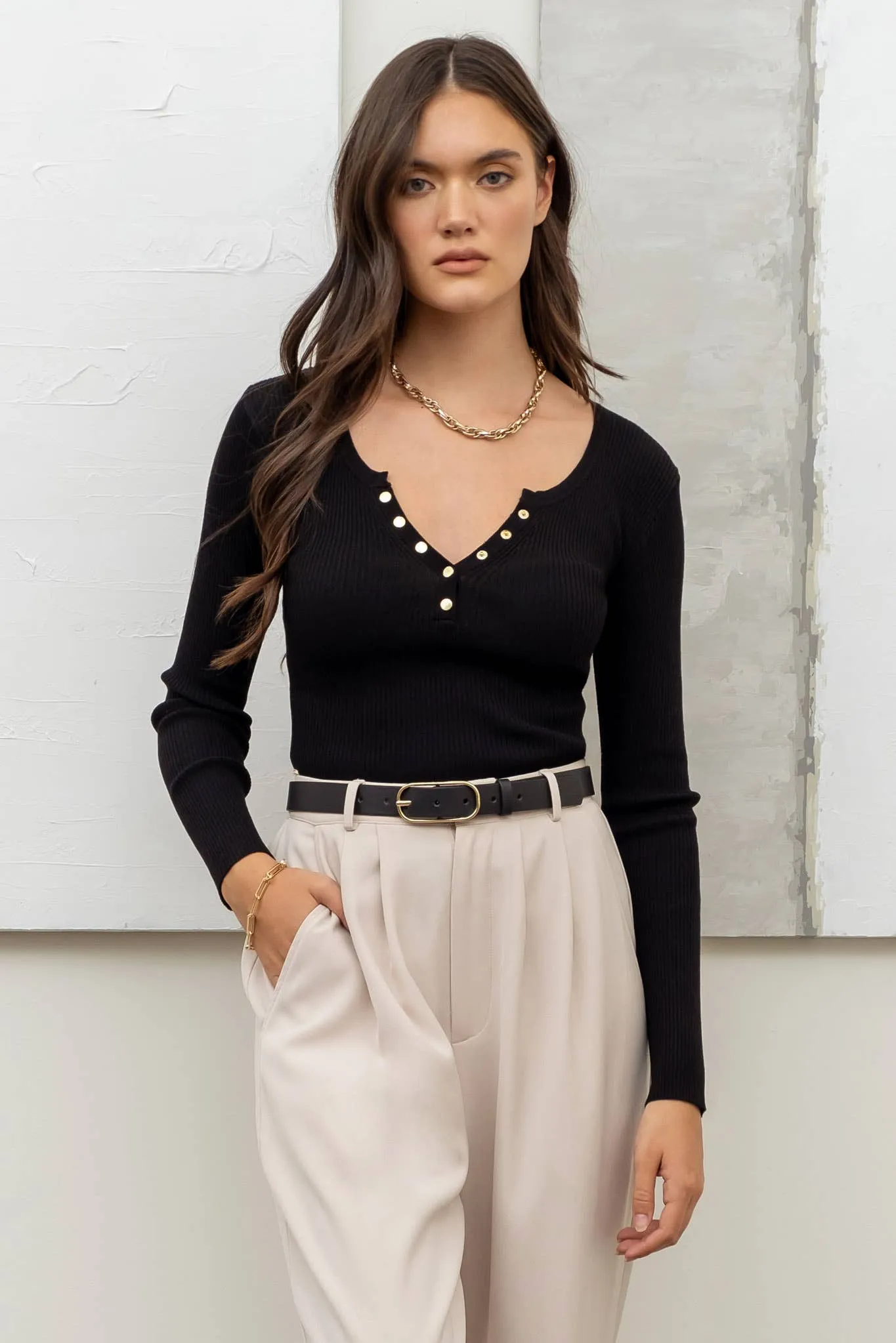 SOLID LONG SLEEVE HENLEY SWEATER KNIT TOP