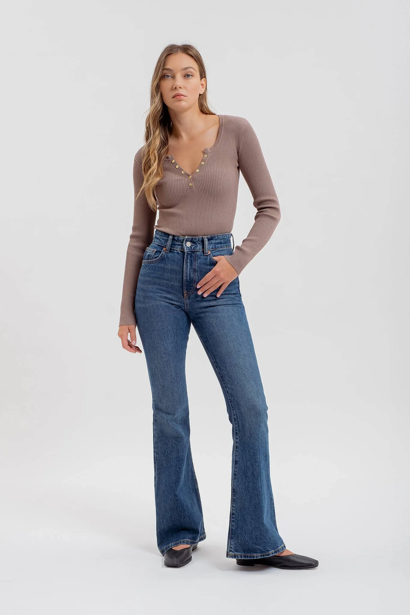 SOLID LONG SLEEVE HENLEY SWEATER KNIT TOP