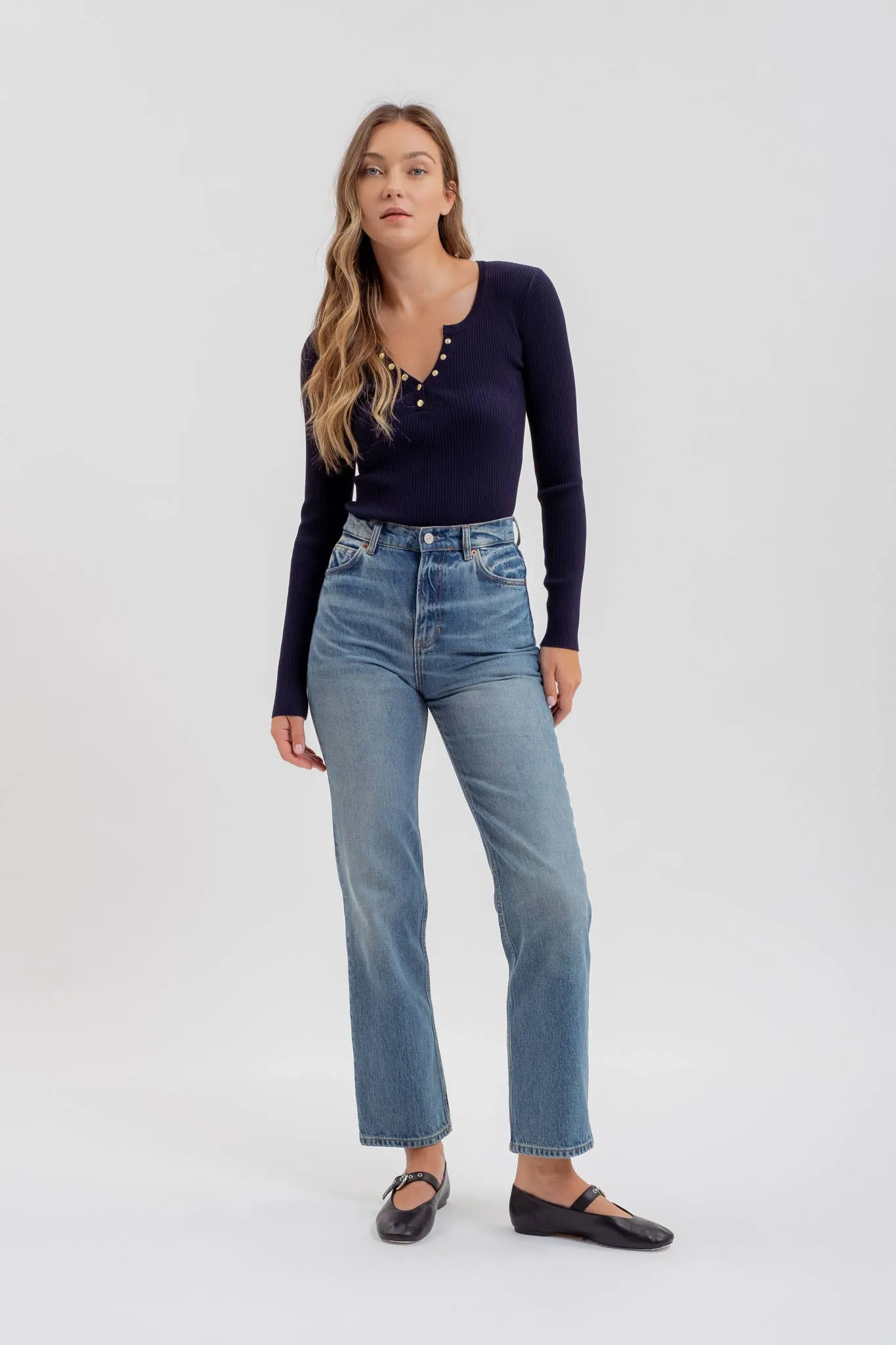 SOLID LONG SLEEVE HENLEY SWEATER KNIT TOP