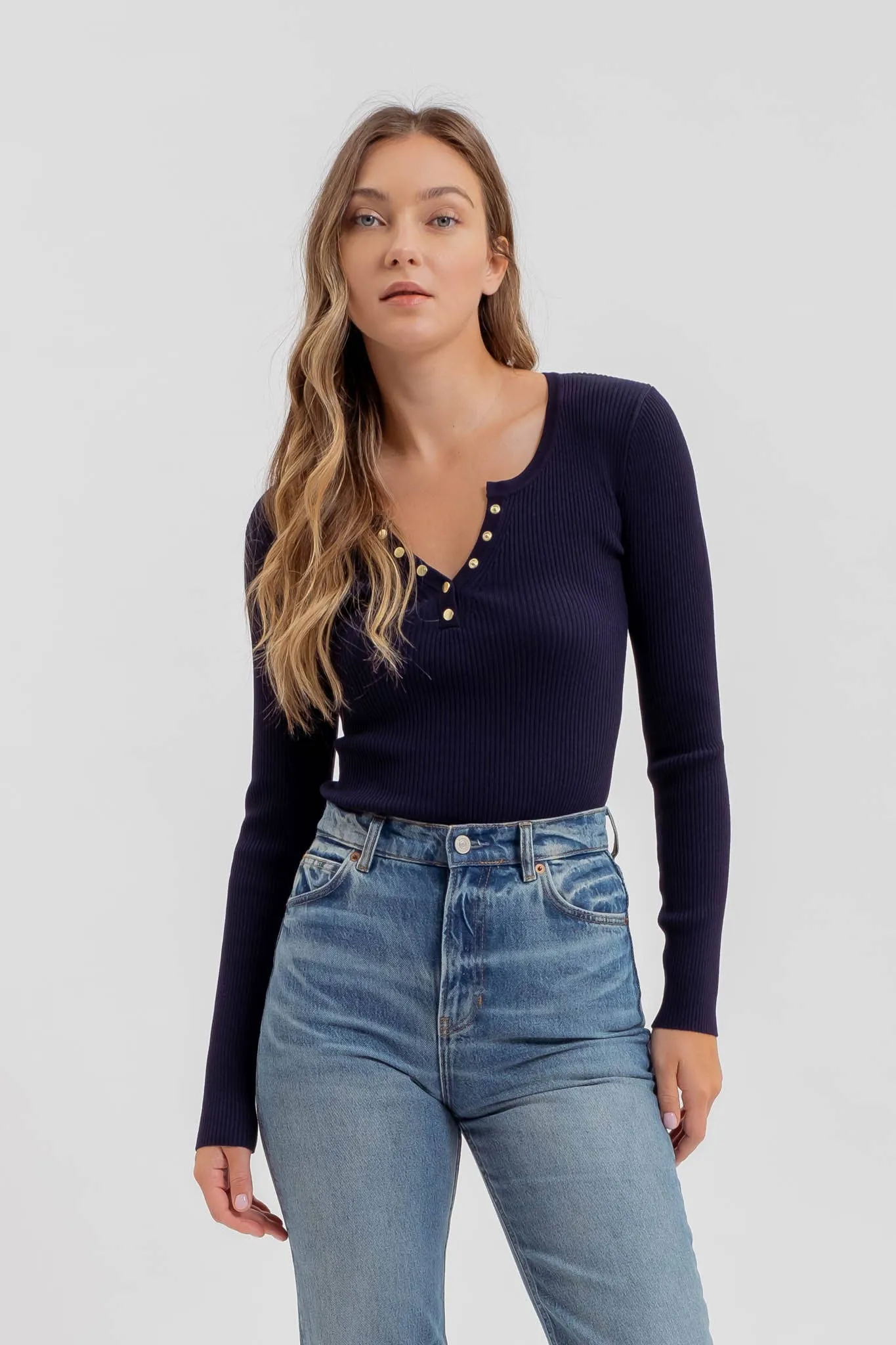 SOLID LONG SLEEVE HENLEY SWEATER KNIT TOP