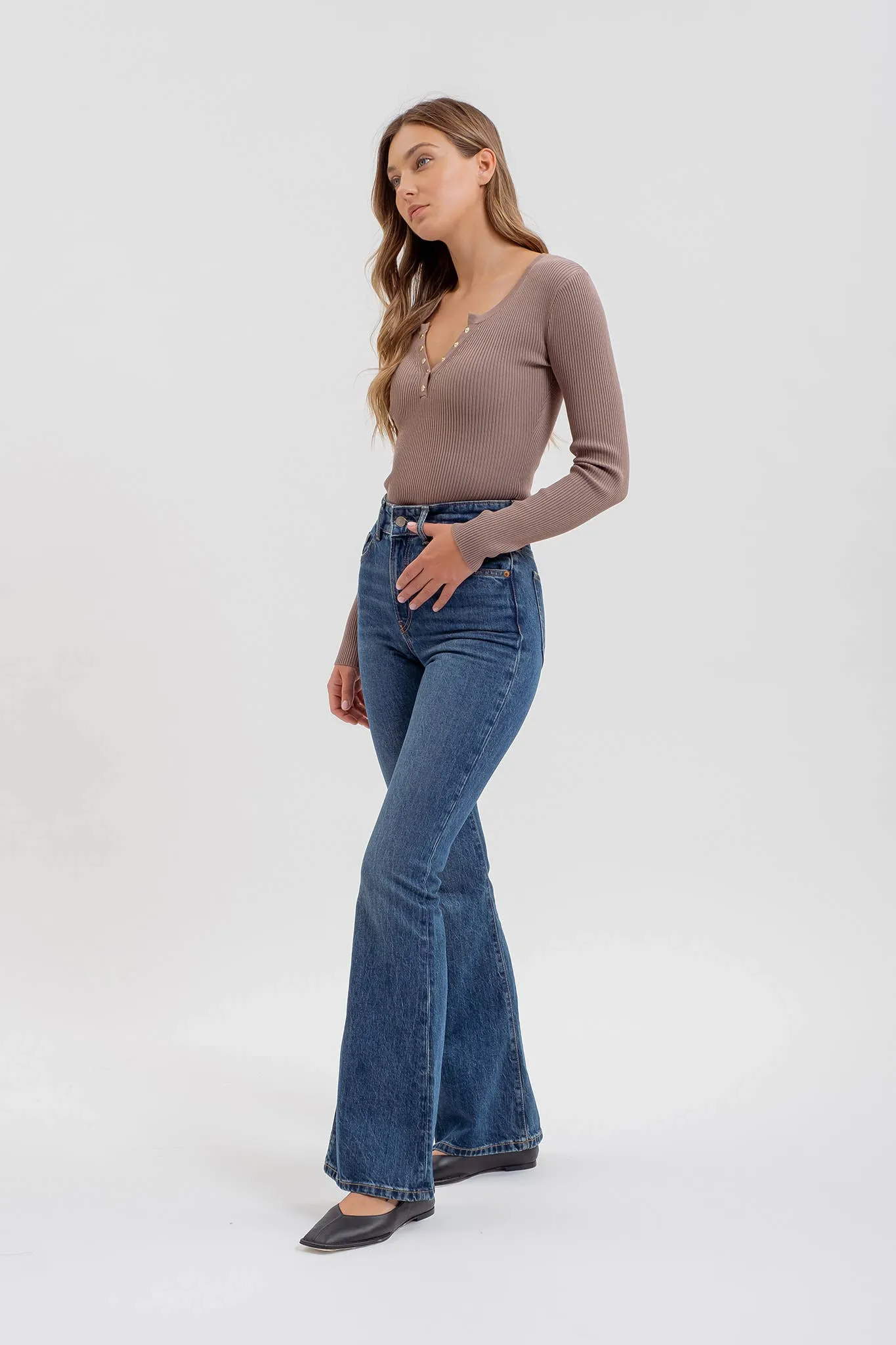 SOLID LONG SLEEVE HENLEY SWEATER KNIT TOP