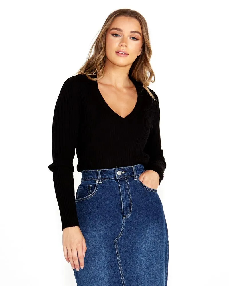 Talana Collared Knit Top - Black