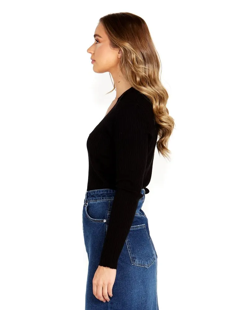 Talana Collared Knit Top - Black