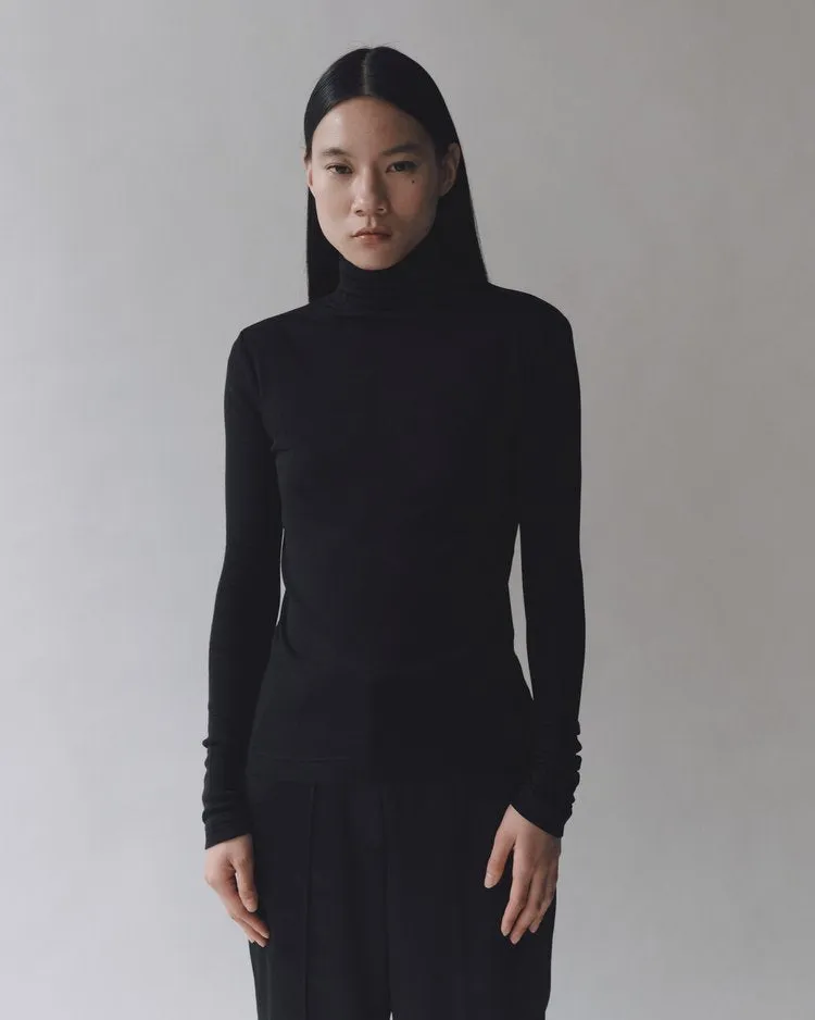 Thin Ribbed Roll Neck Top | Black