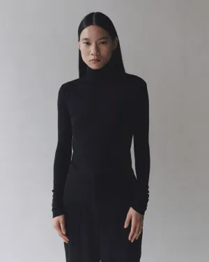 Thin Ribbed Roll Neck Top | Black
