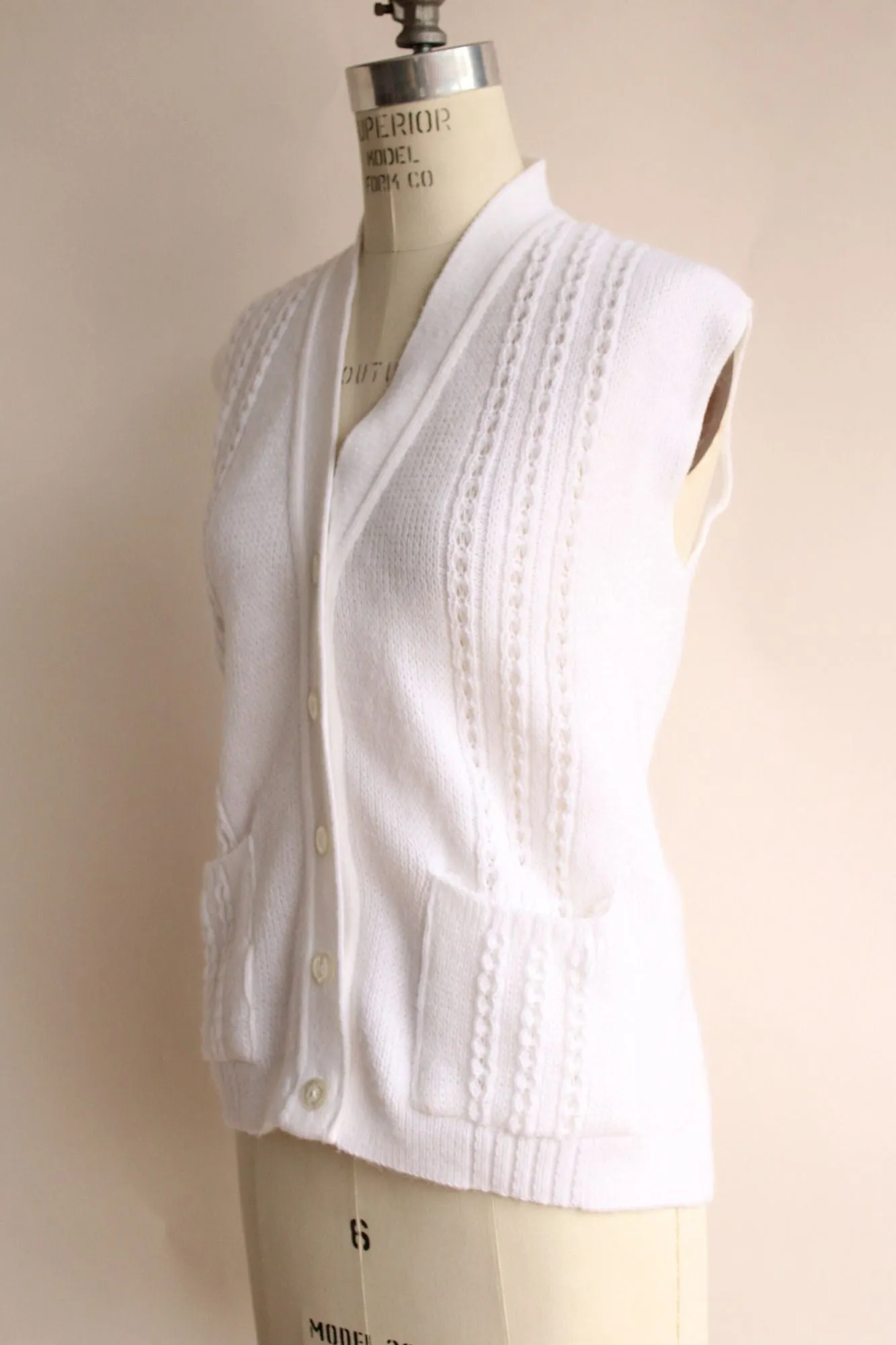 Vintage 1980s White Sweater Vest with Pockets