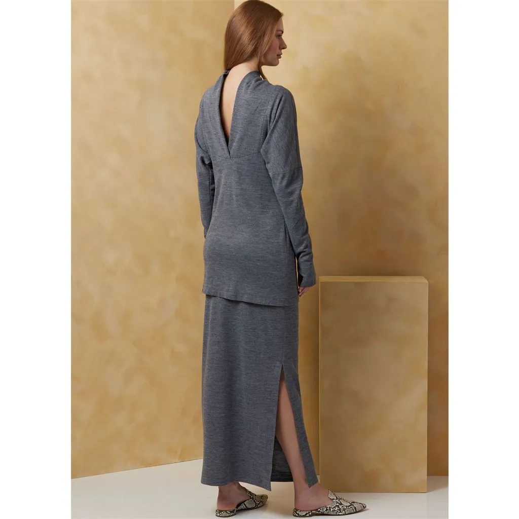 Vogue Pattern V2076 Misses' Knit Dress and Top Worn Front and Back and Skirt