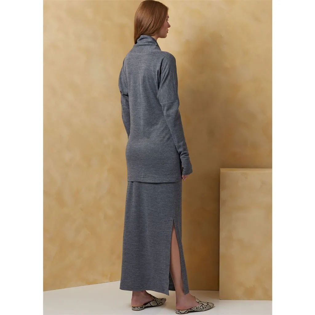 Vogue Pattern V2076 Misses' Knit Dress and Top Worn Front and Back and Skirt