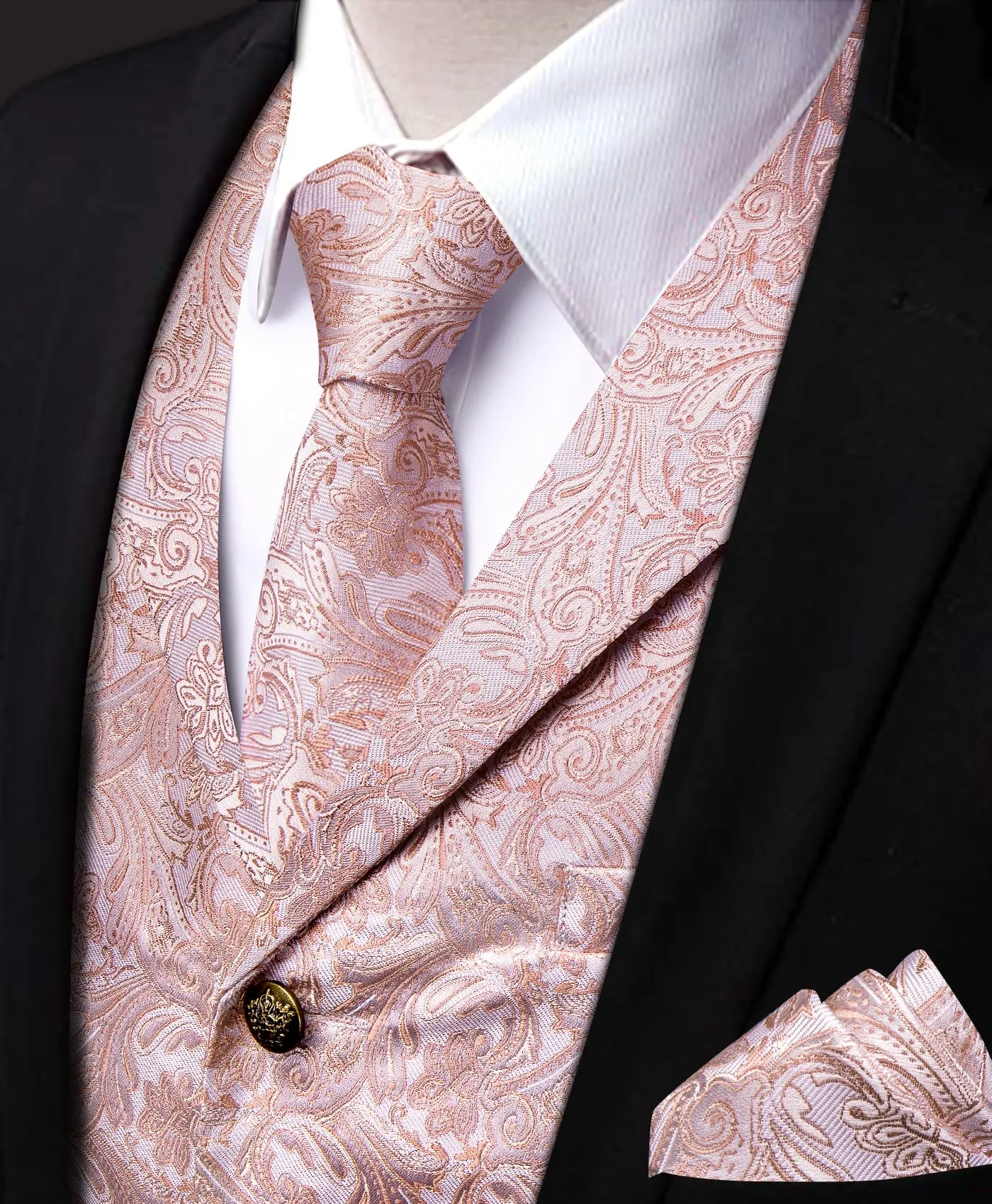 YourTies Paisley Waistcoat Pink Jacquard Notched Lapel Vest Tie Set