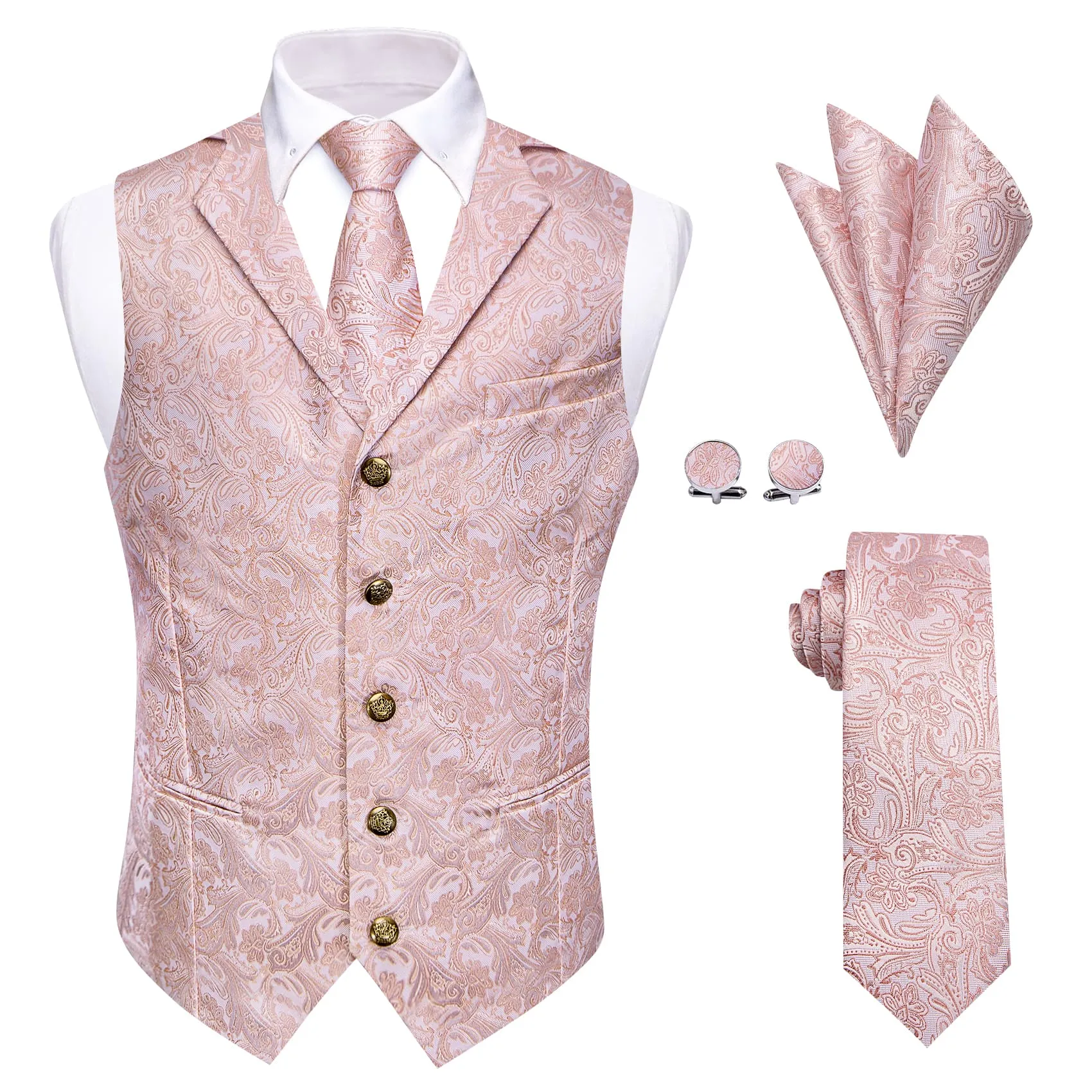 YourTies Paisley Waistcoat Pink Jacquard Notched Lapel Vest Tie Set